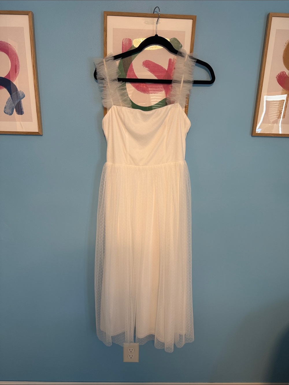Lulu's Ivory Tulle Midi Dress with Feathered Sheer Straps